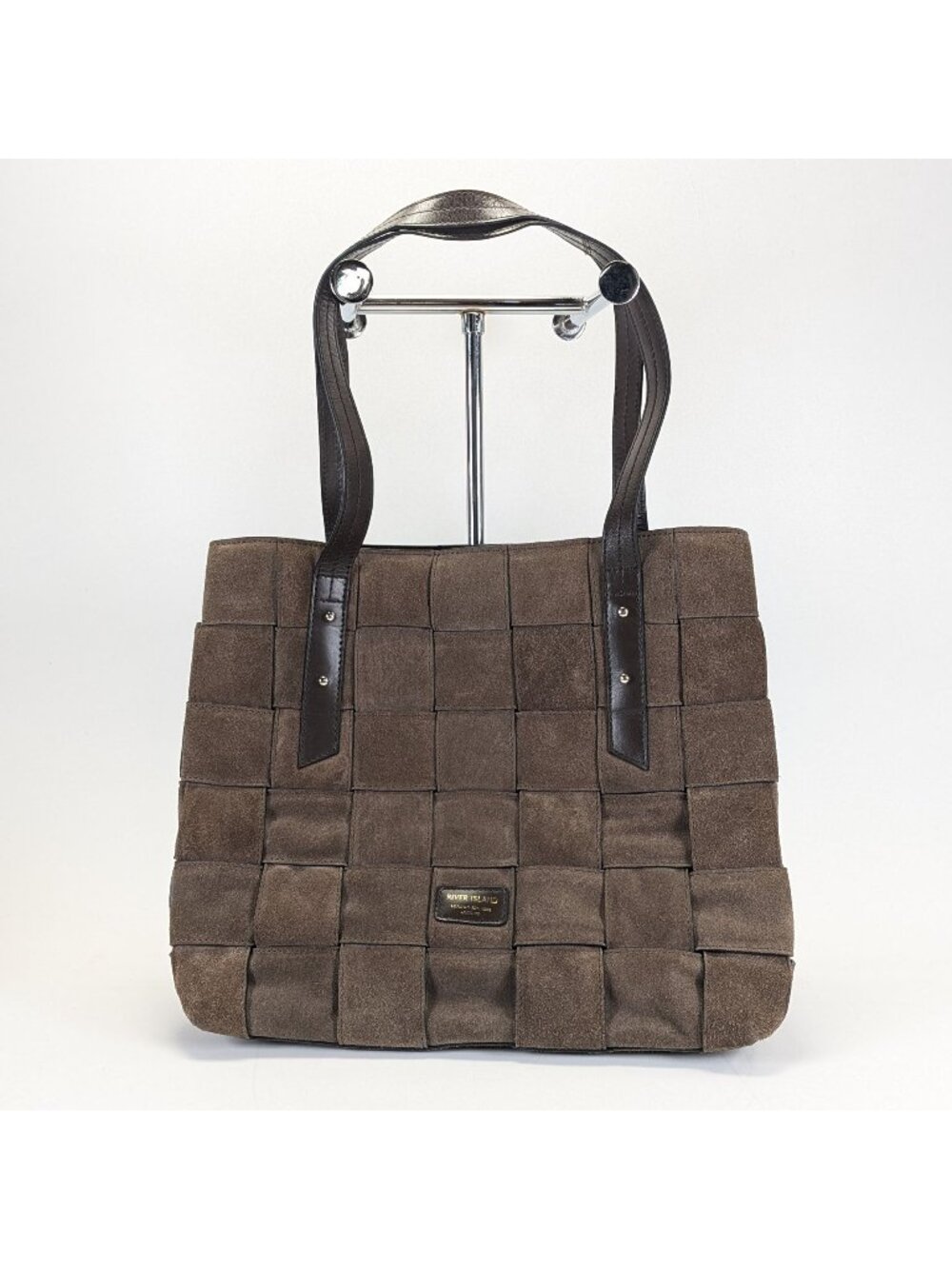 River Island Brown Suede Woven Purse Handbag Tote Bag w Leather Handles
